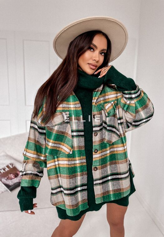Kurtka koszulowa flanelowa w zieloną kratę z efektem peach skin CHECKED GREEN